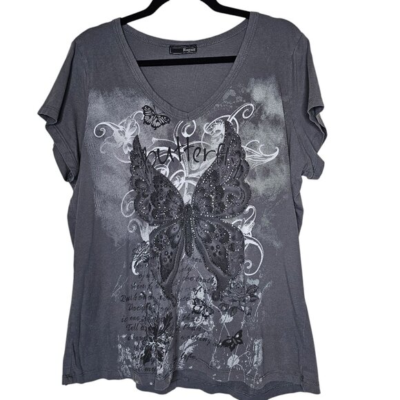 Y2K Ragzzz Size Large Grey Fitted Short Sleeve Tee Butterfly Graphic With Glitte - Picture 1 of 5